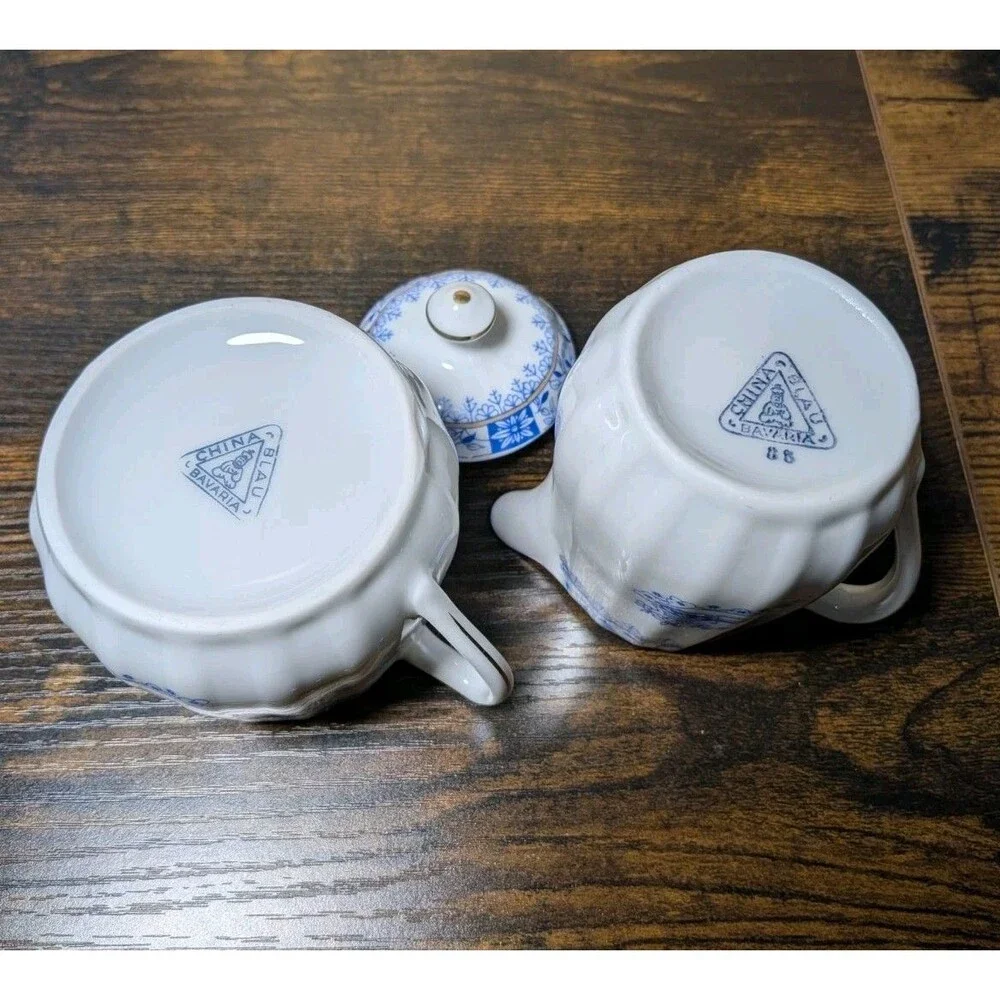 Vintage CHINA BLAU Bavaria Creamer and Sugar Bowl w/Lid Blue White